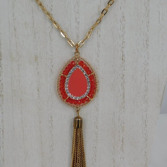 Orange Beaded Teadrop Necklace w/Tassle Rhinestones Gold Tone Adjustable Long - Picture 1 of 6